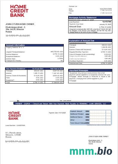 Rosja Home Credit Bank wyciąg z kredytu hipotecznego w formatach Word i PDF